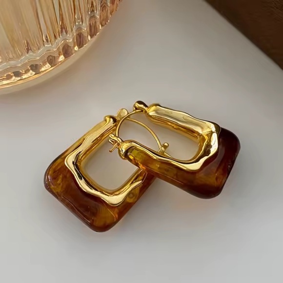 Jewelry - NWT - Earrings Gold & Brown U Shaped Hoop Metal - Y2K - Vintage - Bohemian Party